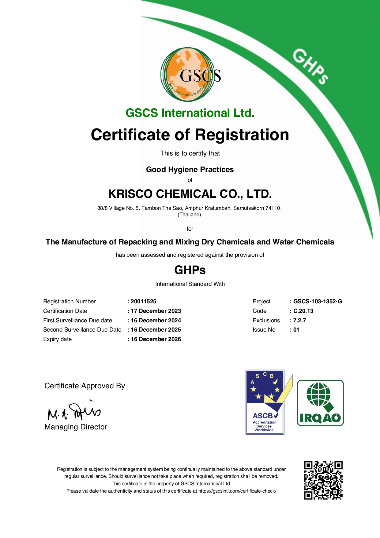 Certificate of Registration & Krisco chemical